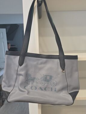 Coach Blue-Gray Leather Tote with Green Trim With Duster